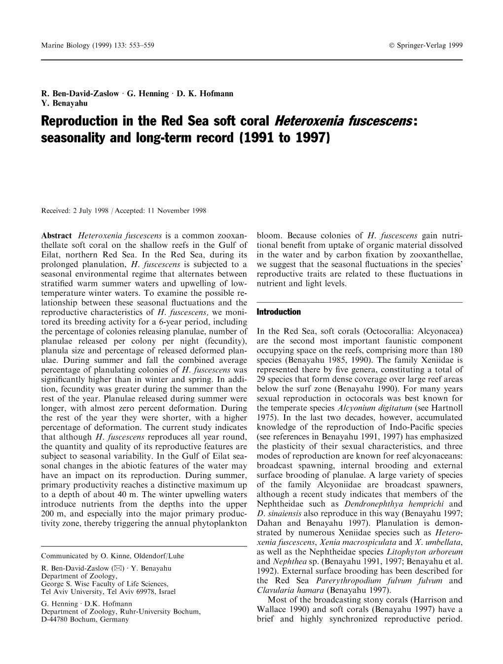 Reproduction in the Red Sea Soft Coral Heteroxenia Fuscescens : Seasonality and Long-Term Record (1991 to 1997)