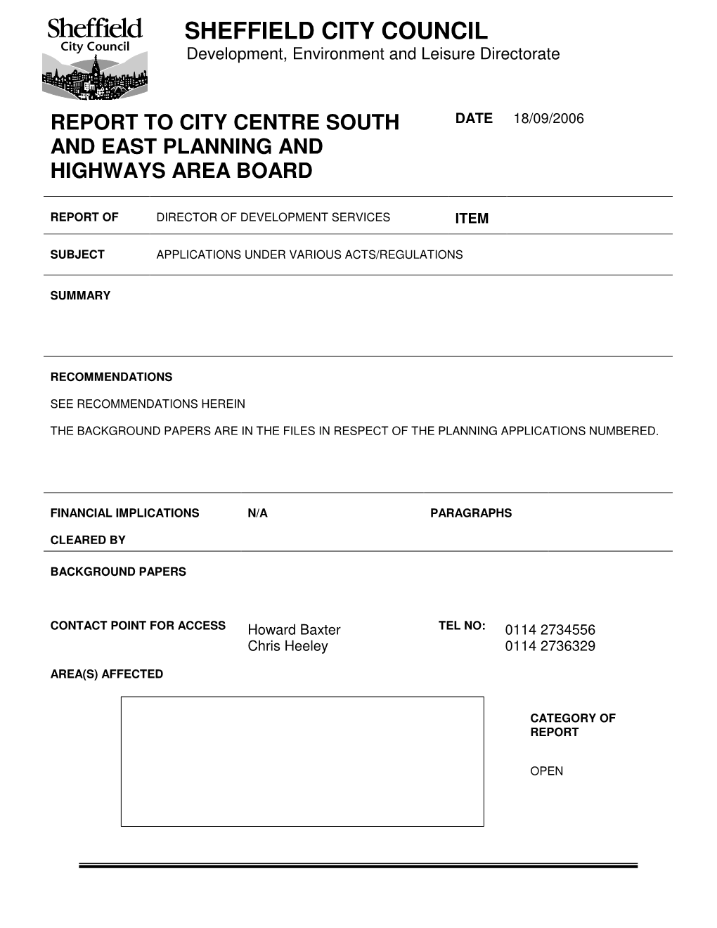 Report to City Centre South and East Planning and Highways Area Board