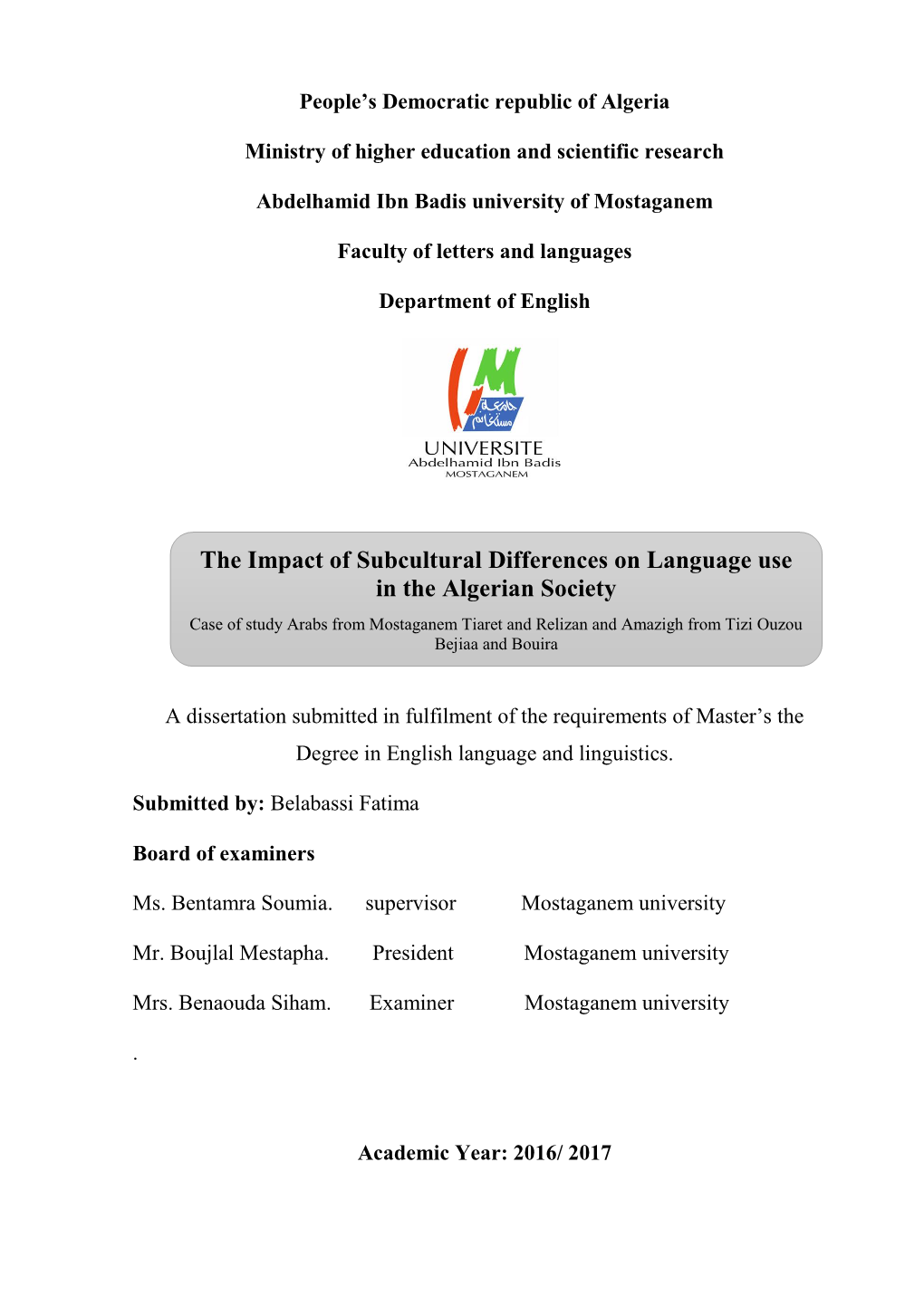 The Impact of Subcultural Differences on Language Use in the Algerian