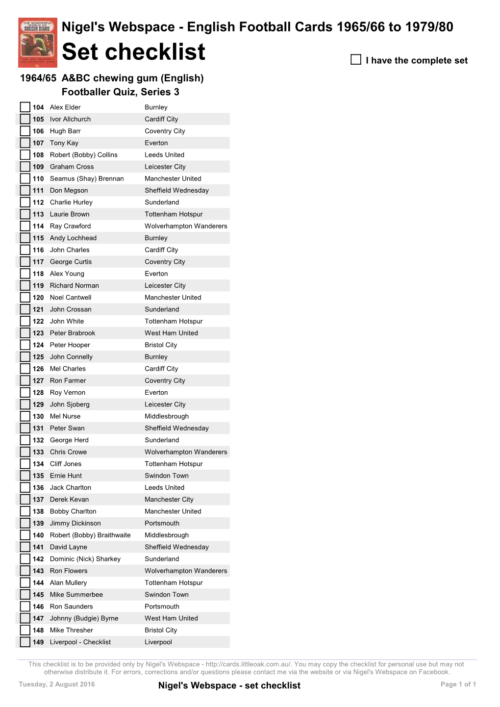 Set Checklist I Have the Complete Set 1964/65 A&BC Chewing Gum (English) Footballer Quiz, Series 3