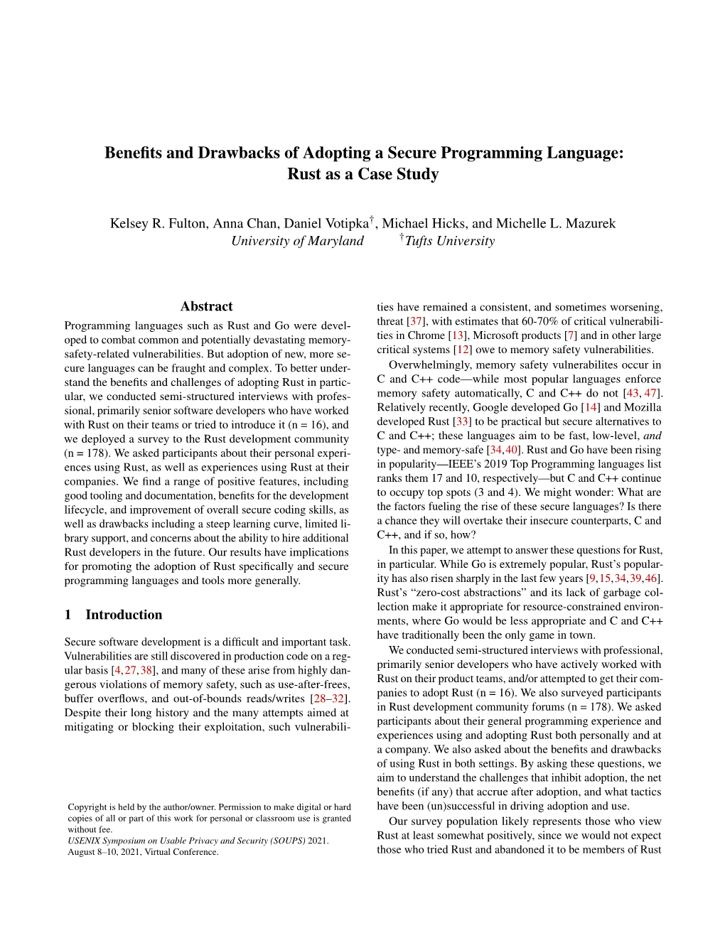 Benefits and Drawbacks of Adopting a Secure Programming Language: Rust As a Case Study