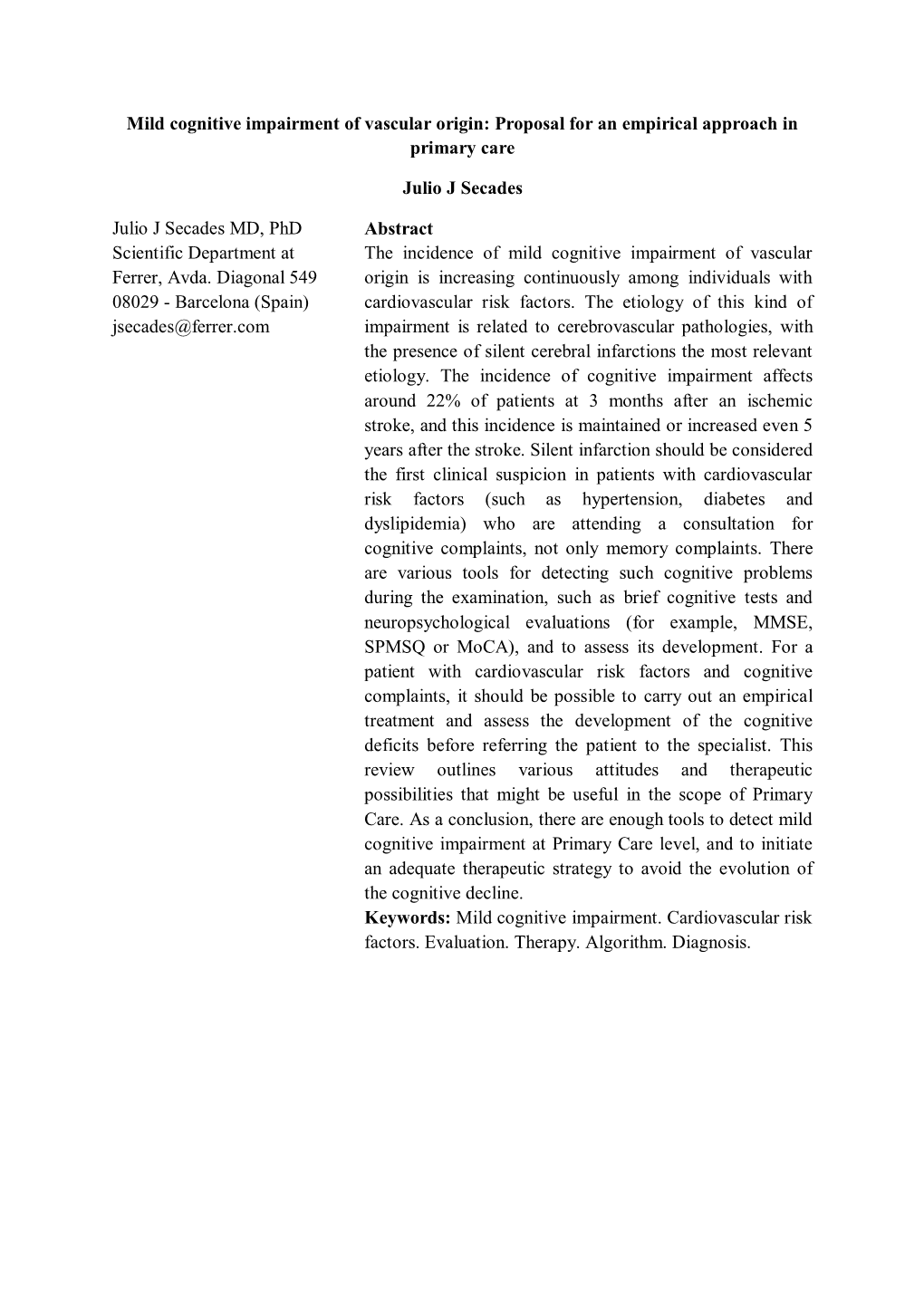 Mild Cognitive Impairment of Vascular Origin: Proposal for an Empirical Approach in Primary Care