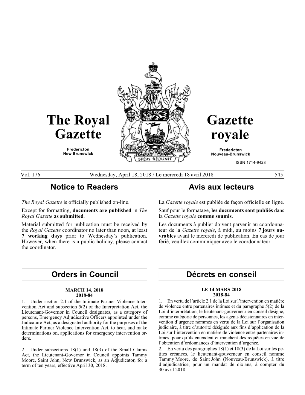 The Royal Gazette / Gazette Royale (18/04/18)