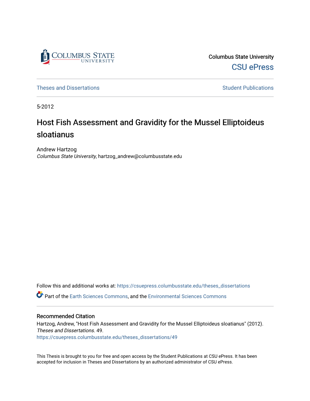 Host Fish Assessment and Gravidity for the Mussel Elliptoideus Sloatianus