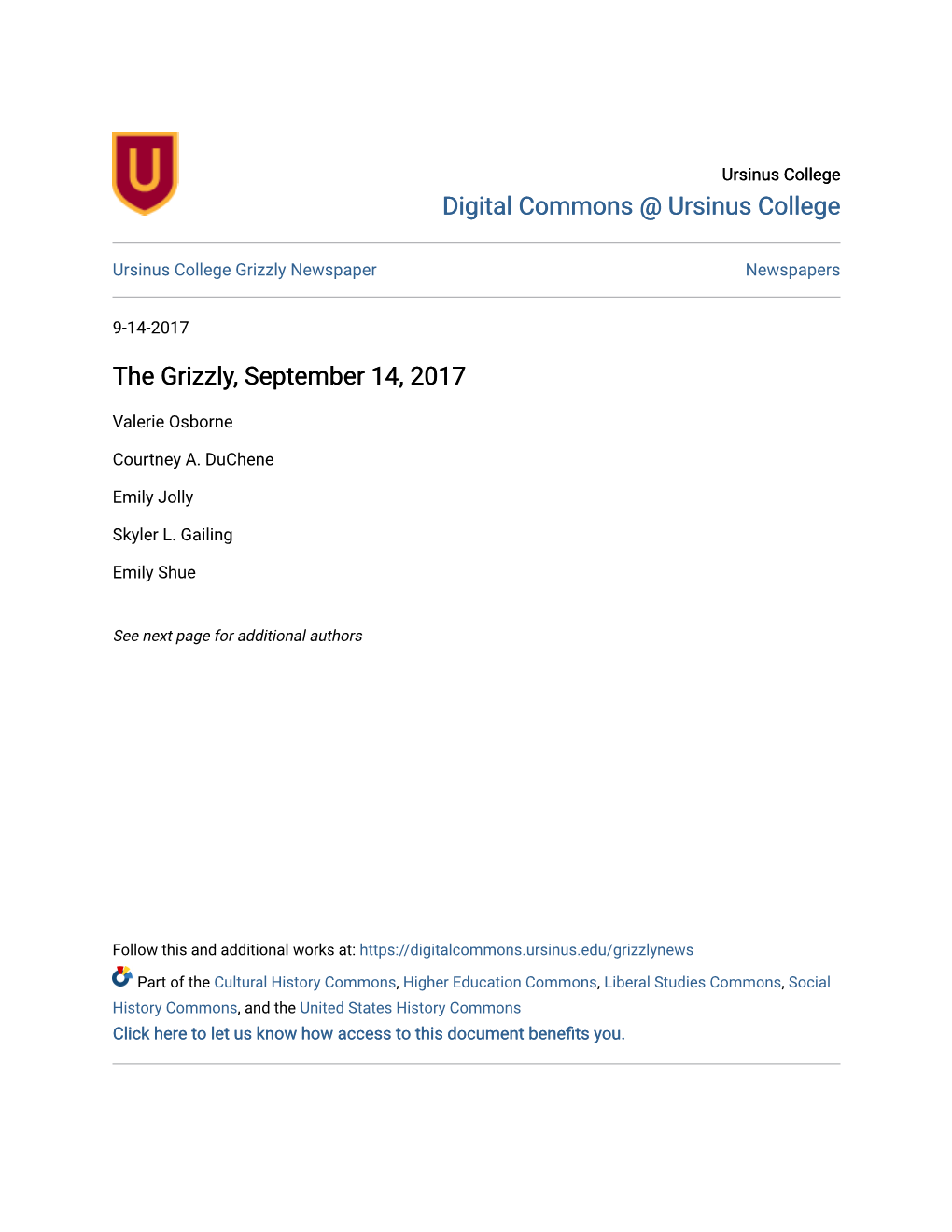 The Grizzly, September 14, 2017