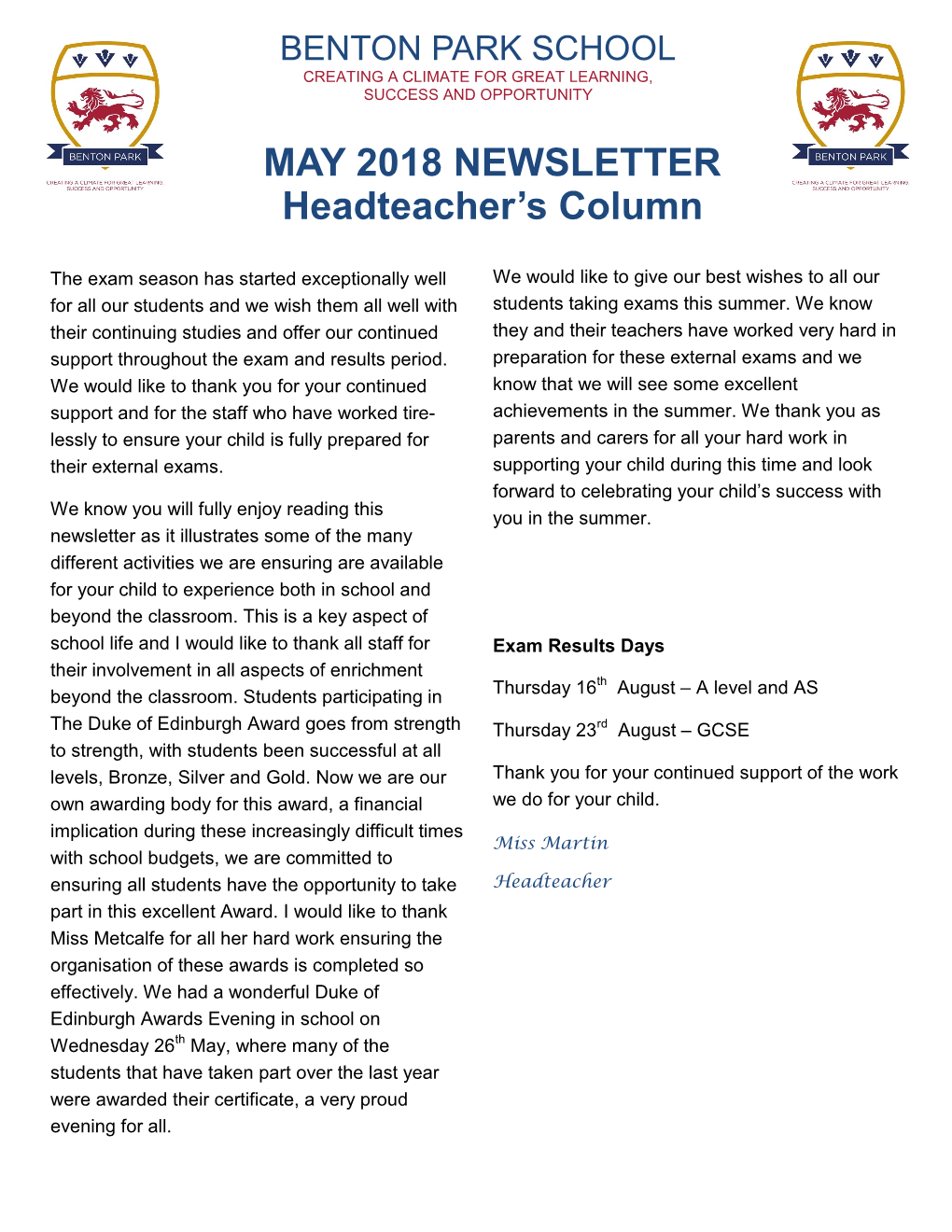 MAY 2018 NEWSLETTER Headteacher's Column