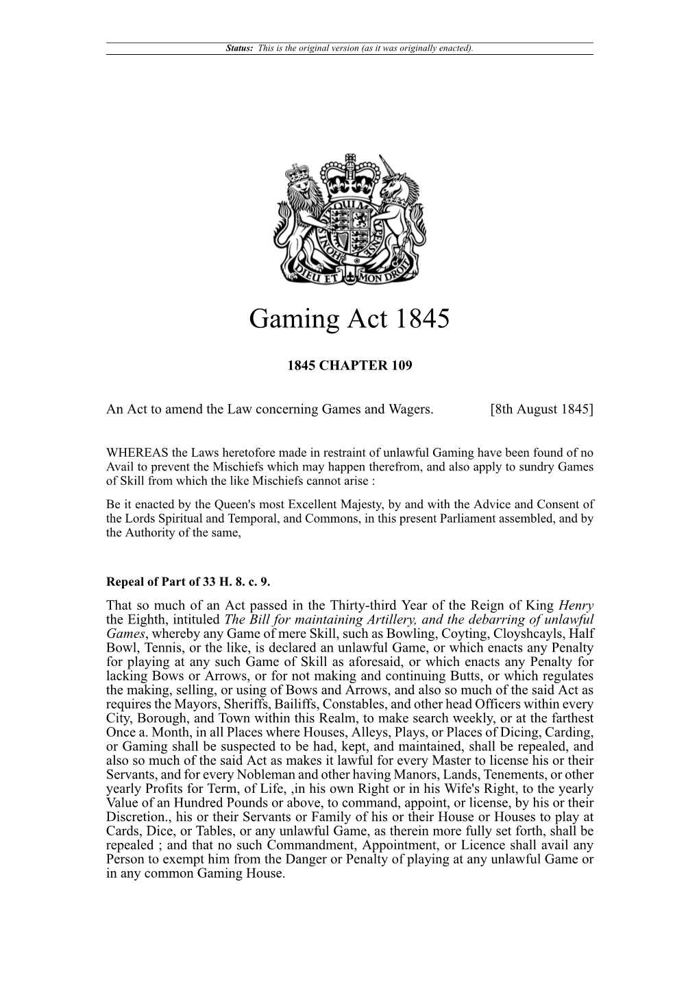 Gaming Act 1845