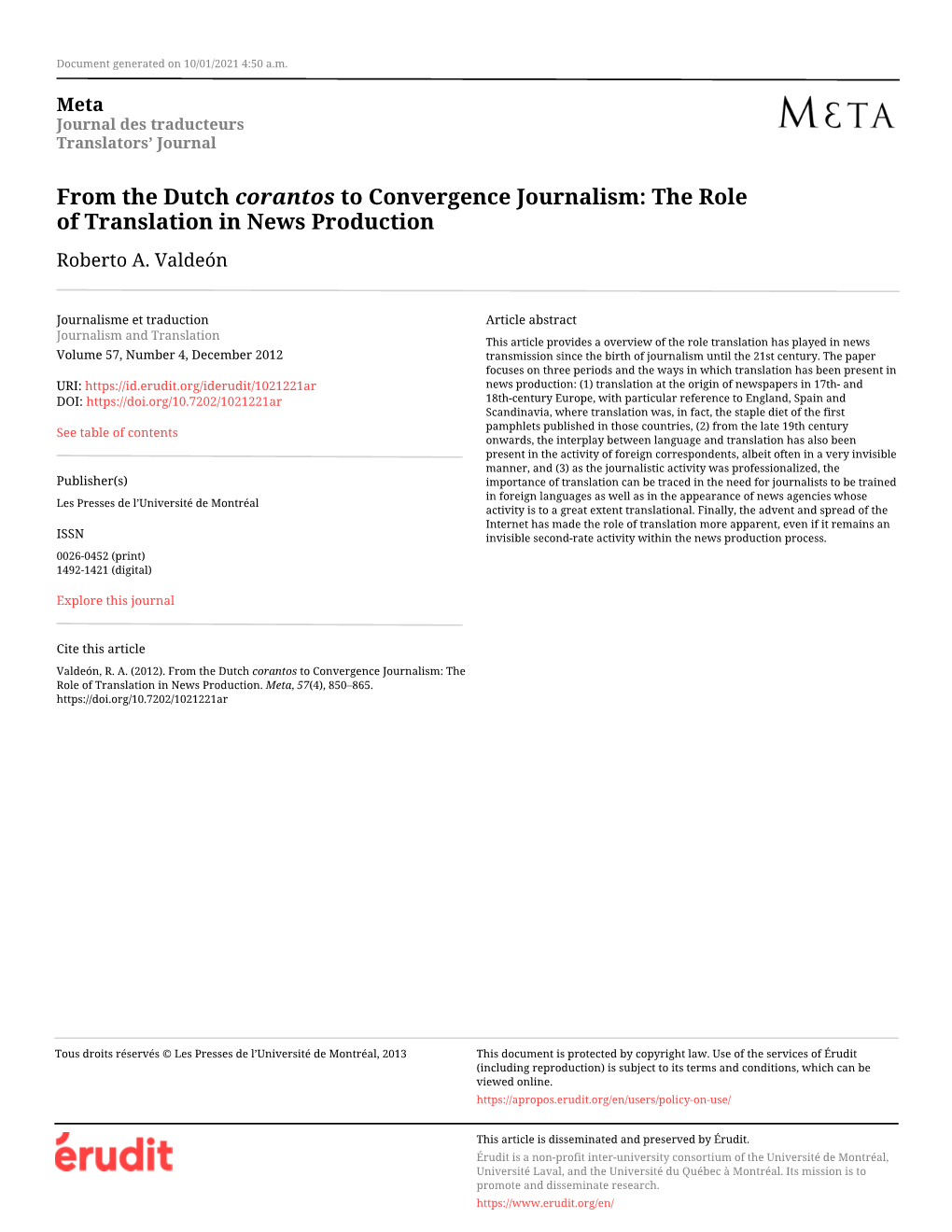 From the Dutch Corantos to Convergence Journalism: the Role of Translation in News Production Roberto A