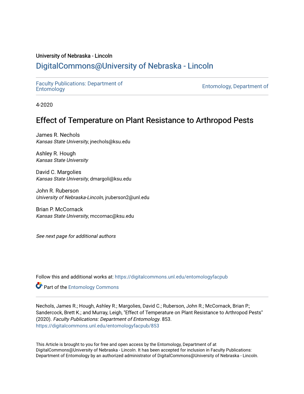 Effect of Temperature on Plant Resistance to Arthropod Pests