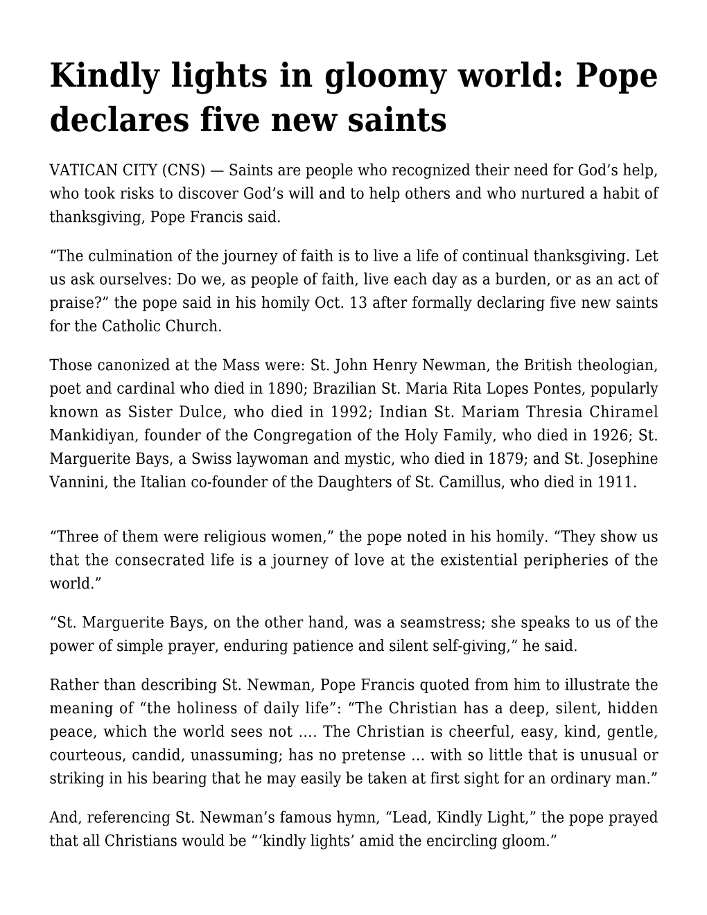 Kindly Lights in Gloomy World: Pope Declares Five New Saints