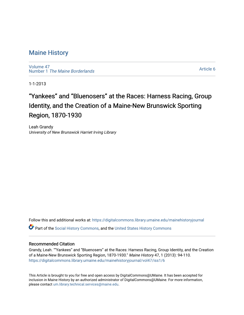 Harness Racing, Group Identity, and the Creation of a Maine-New Brunswick Sporting Region, 1870-1930