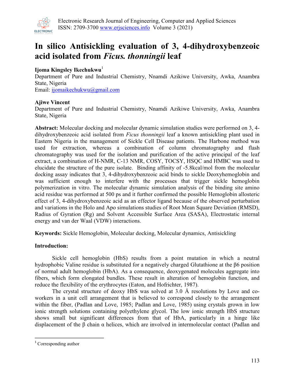 In Silico Antisickling Evaluation of 3, 4-Dihydroxybenzeoic Acid Isolated from Ficus