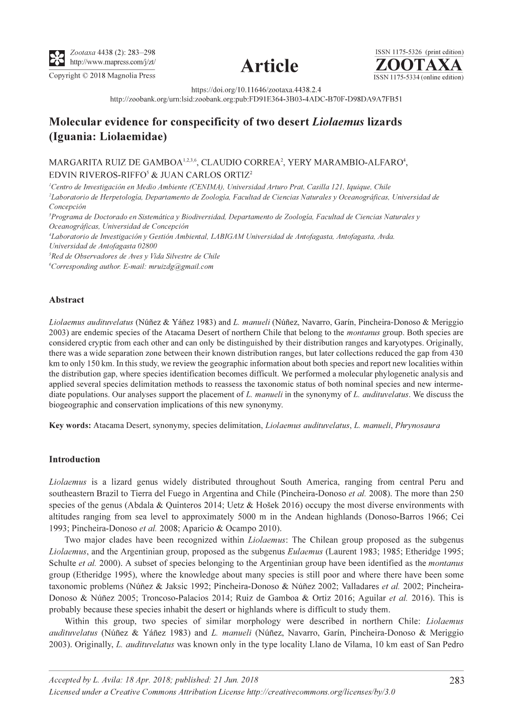 Molecular Evidence for Conspecificity of Two Desert Liolaemus Lizards (Iguania: Liolaemidae)