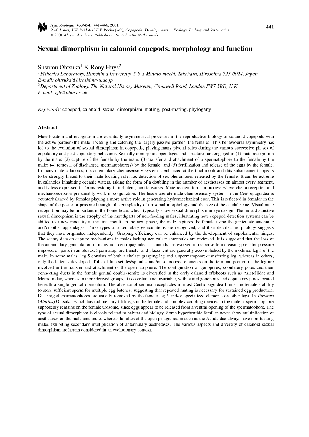 Sexual Dimorphism in Calanoid Copepods: Morphology and Function