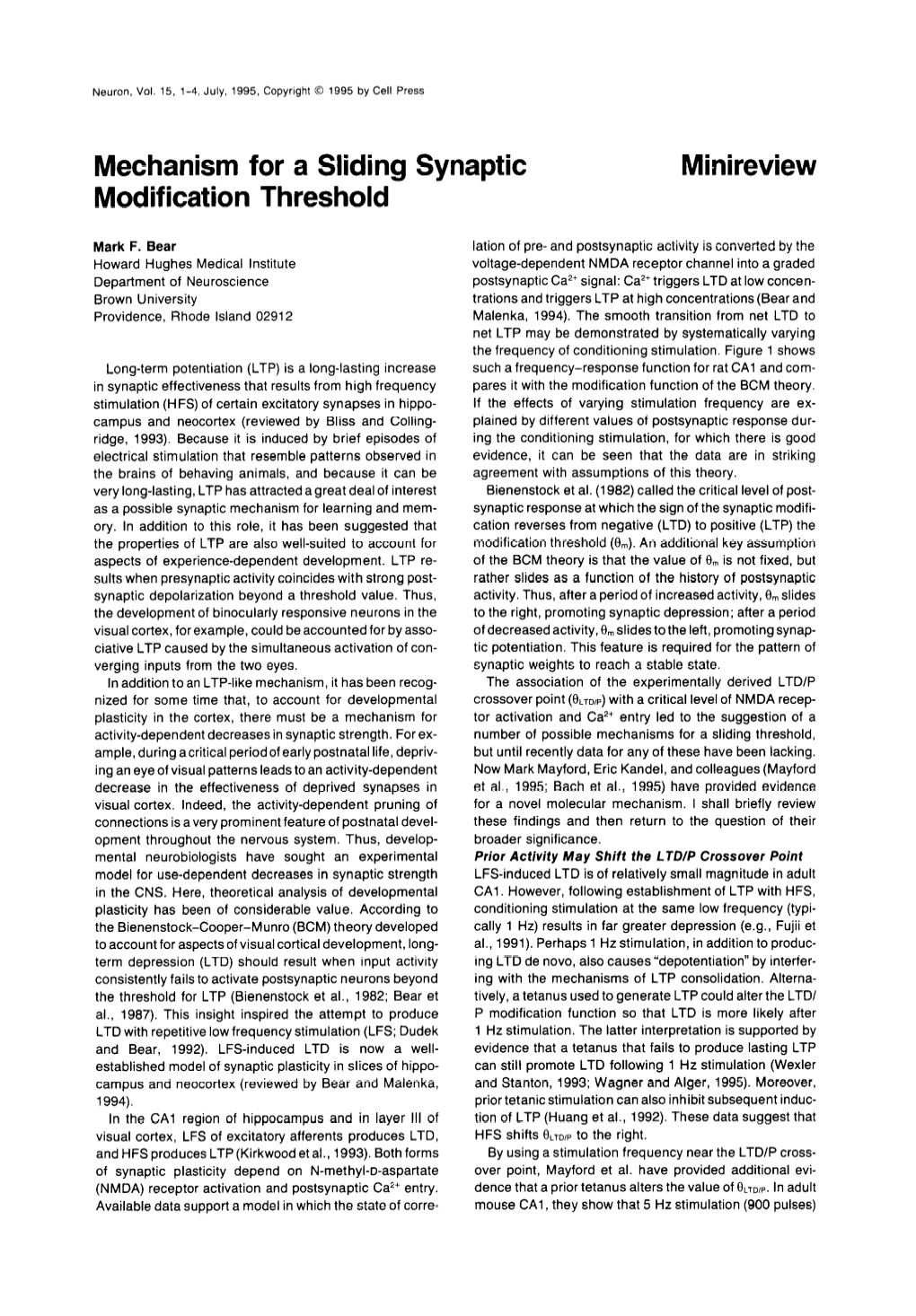 Minireview Mechanism for a Sliding Synaptic Modification Threshold