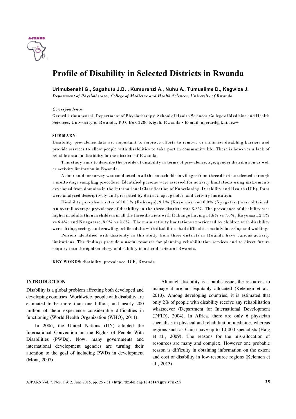 Profile of Disability in Selected Districts in Rwanda
