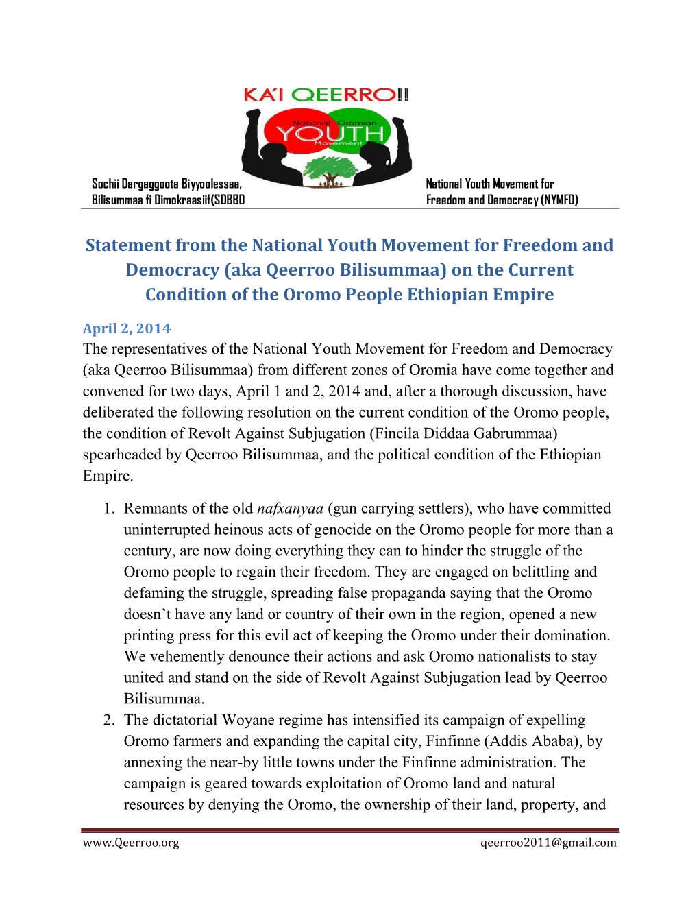 Statement from the National Youth Movement for Freedom and Democracy (Aka Qeerroo Bilisummaa) on the Current Condition of the Oromo People Ethiopian Empire