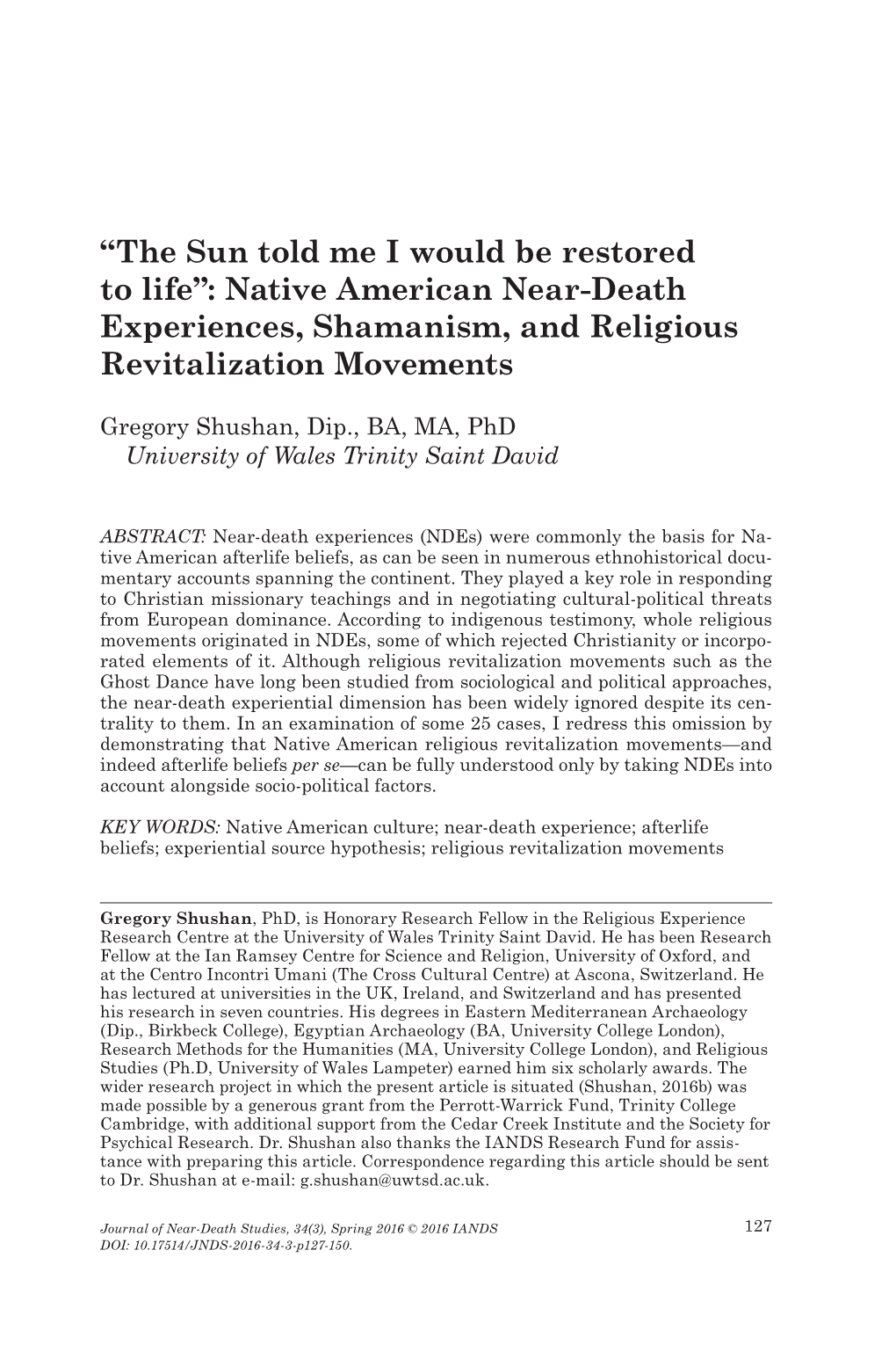 Native American Near- Death Experiences, Shamanism, and Religious Revitalizat