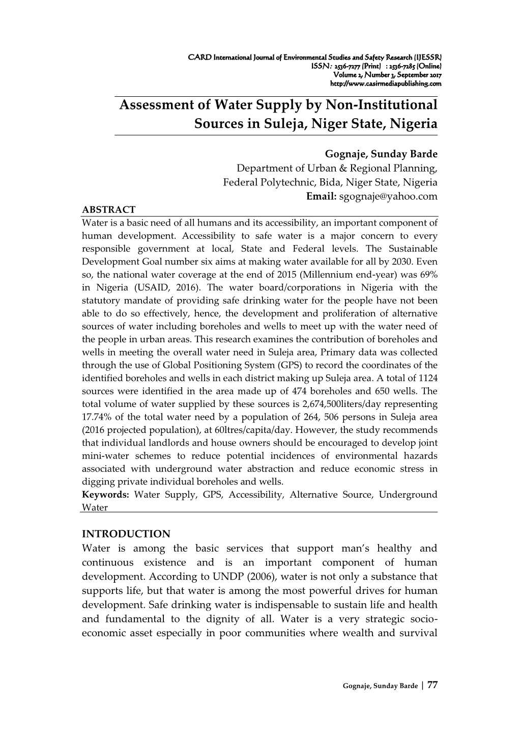 Assessment of Water Supply by Non-Institutional Sources in Suleja, Niger State, Nigeria