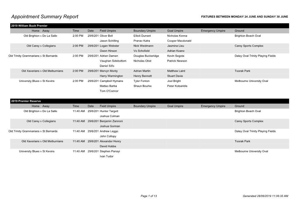 Appointment Summary Report FIXTURES BETWEEN MONDAY 24 JUNE and SUNDAY 30 JUNE