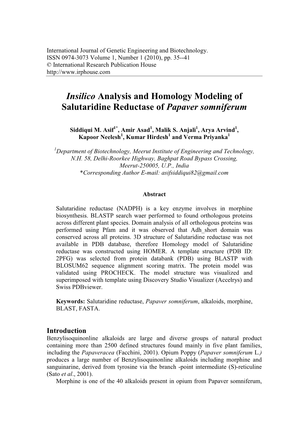 Insilico Analysis and Homology Modeling of Salutaridine Reductase of Papaver Somniferum