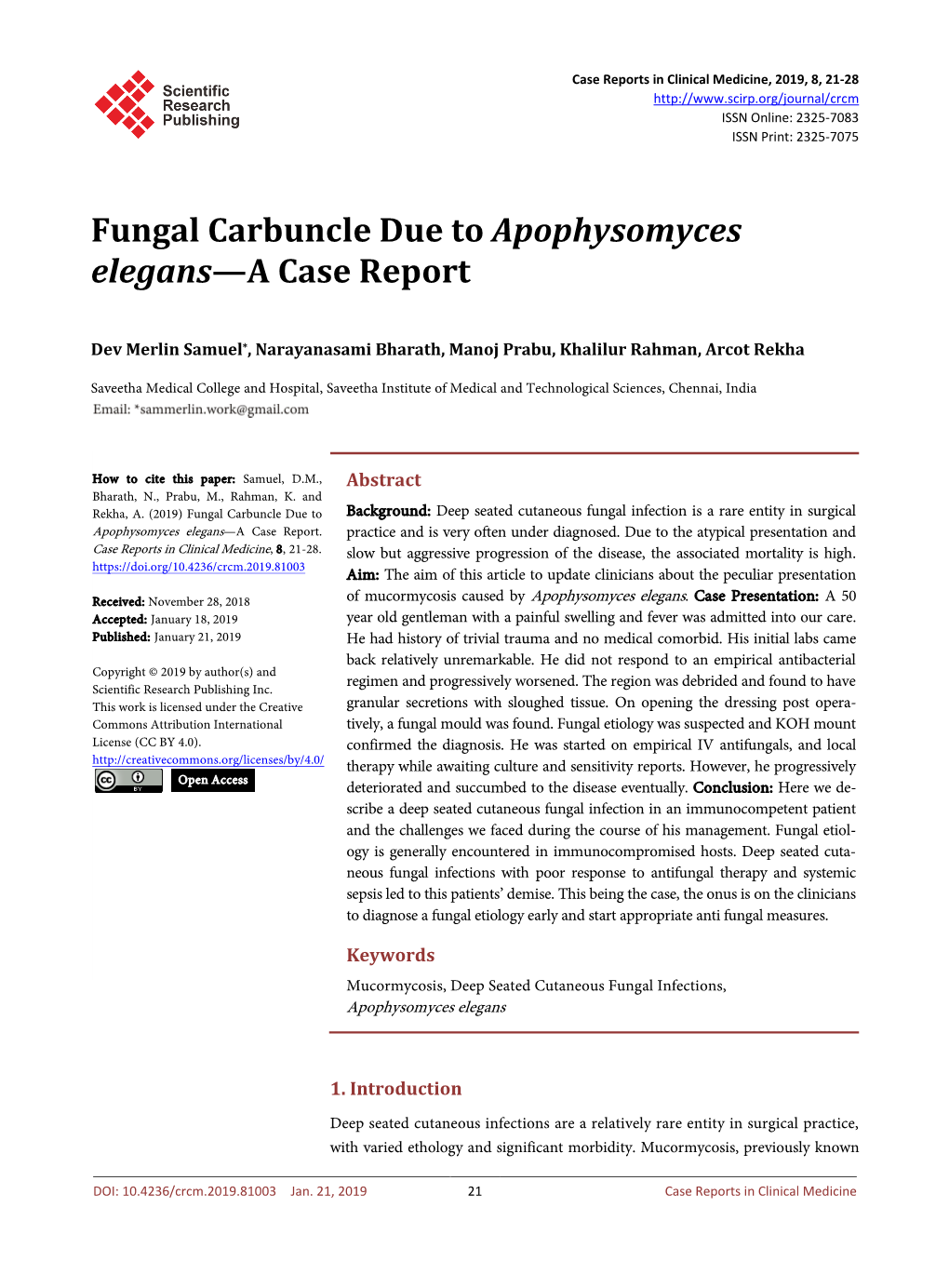 Fungal Carbuncle Due to Apophysomyces Elegans—A Case Report