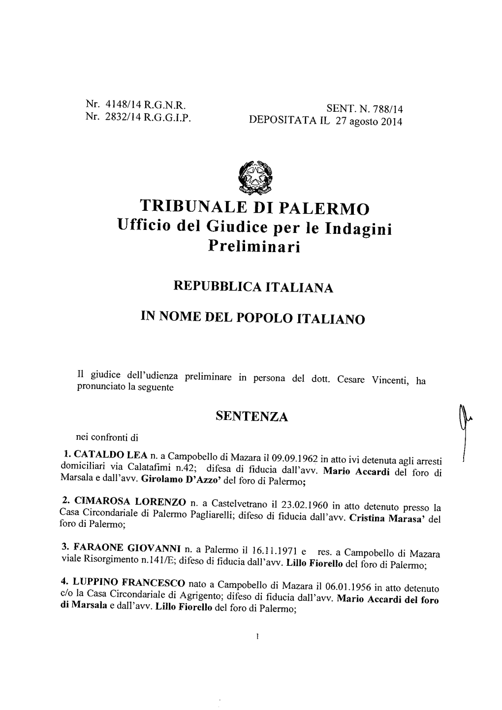 TRIBUNALE DI PALERMO Ufficio Del Giudice Per Le Indagini Preliminari