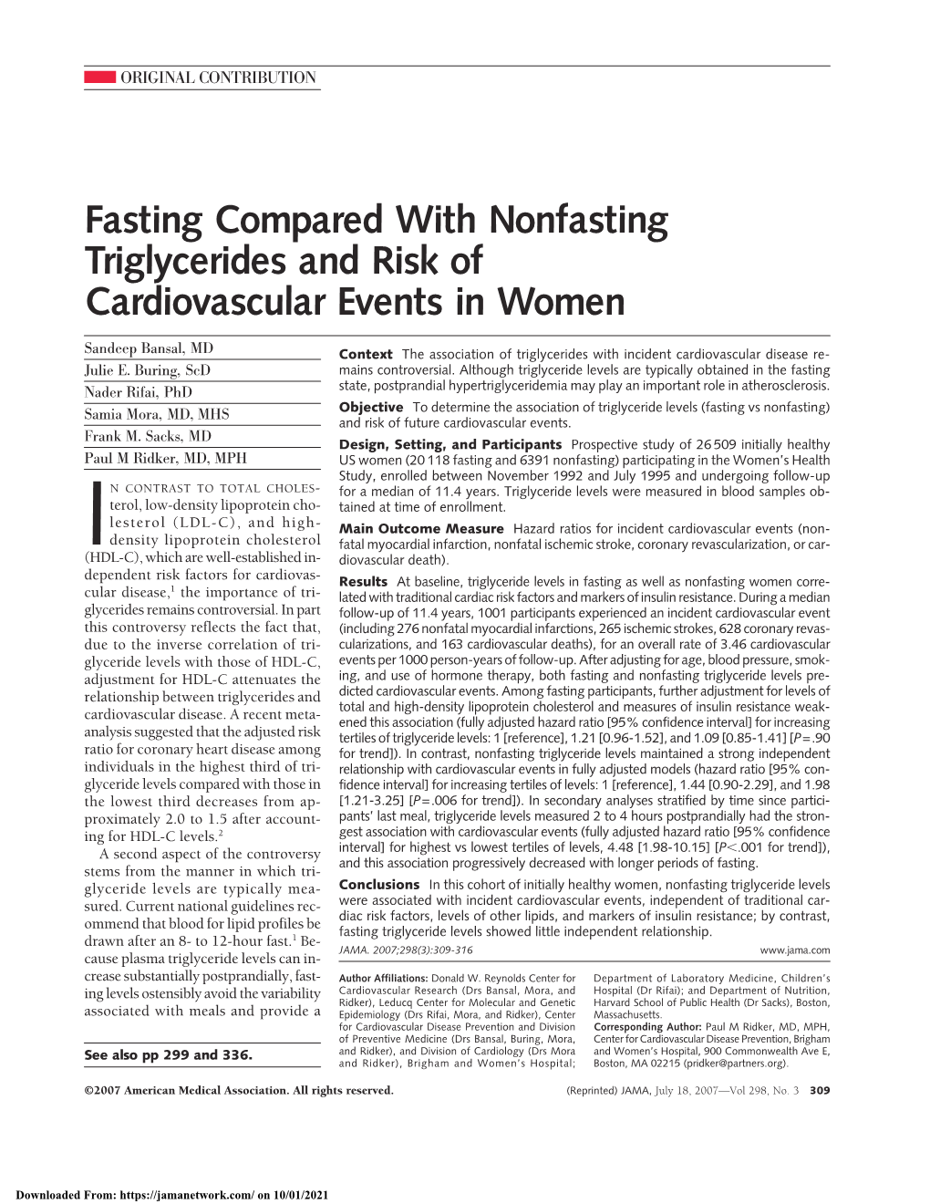 Fasting Compared with Nonfasting Triglycerides and Risk of Cardiovascular Events in Women