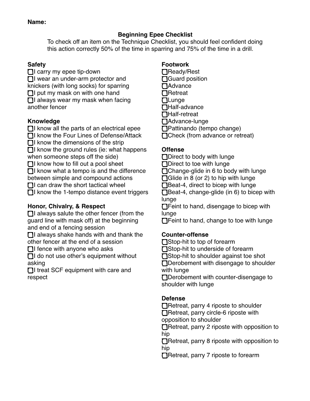 Beginning Epee Checklist