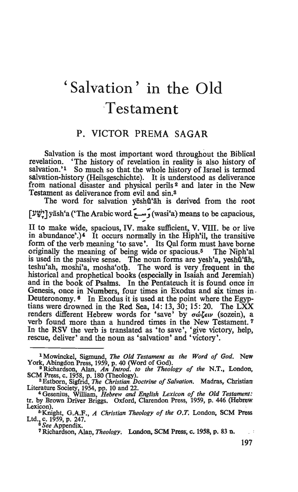 P. Victor Prema Sagar, "'Salvation' in the Old Testament,"