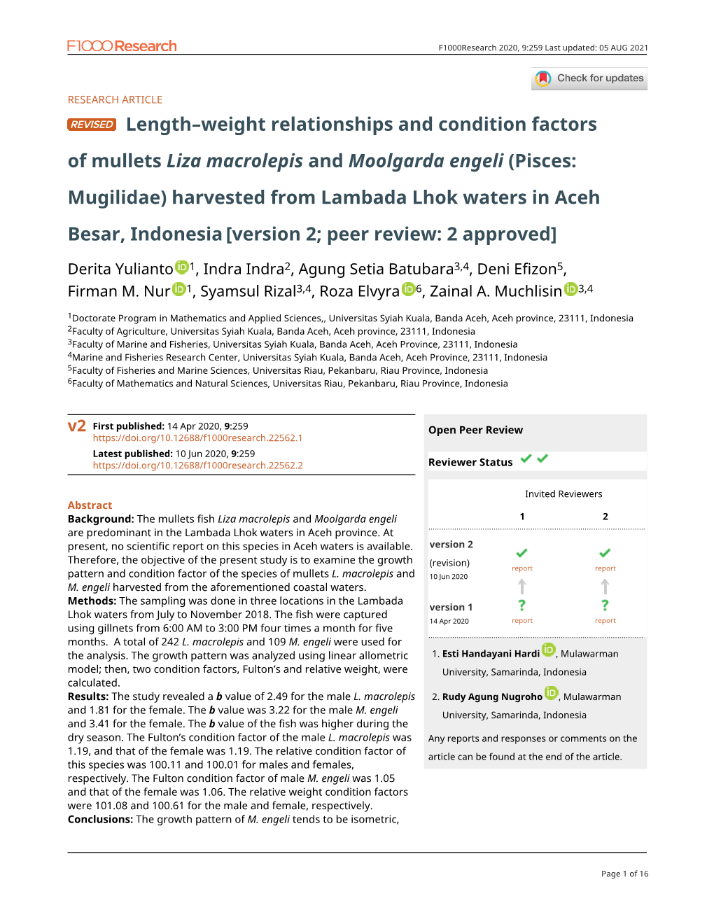 Length–Weight Relationships and Condition Factors of Mullets Liza Macrolepis and Moolgarda Engeli (Pisces: Mugilidae) Harvested from Lambada Lhok Waters in Aceh