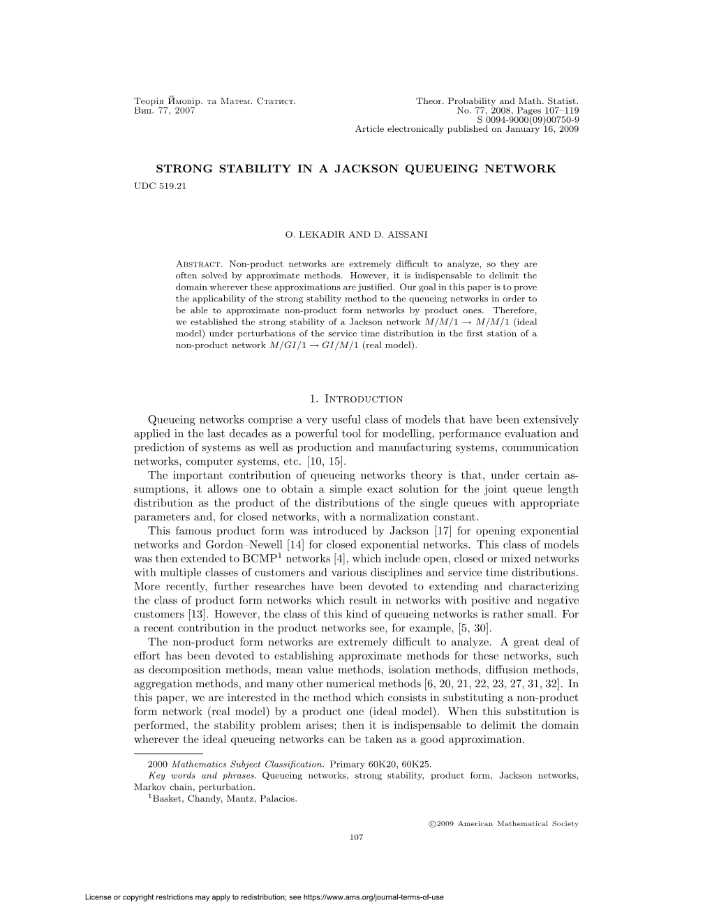 Strong Stability in a Jackson Queueing Network 109