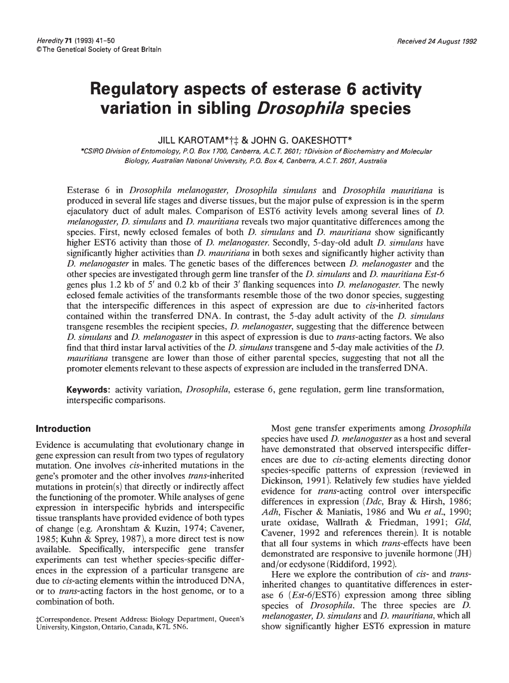 Regulatory Aspects of Esterase 6 Activity Variation in Sibling Drosophila Species