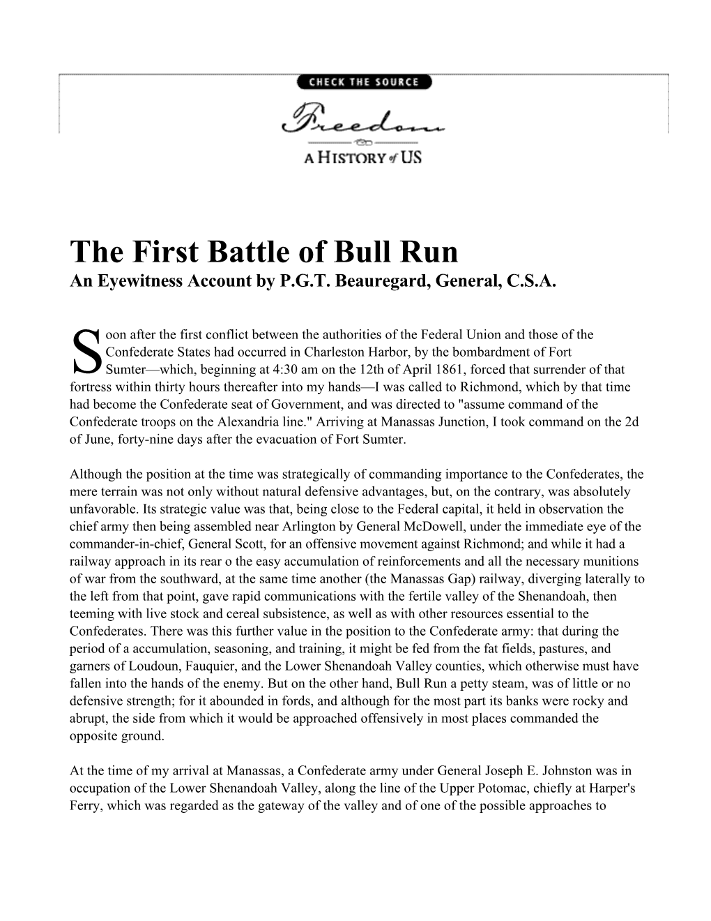 The First Battle of Bull Run an Eyewitness Account by P.G.T