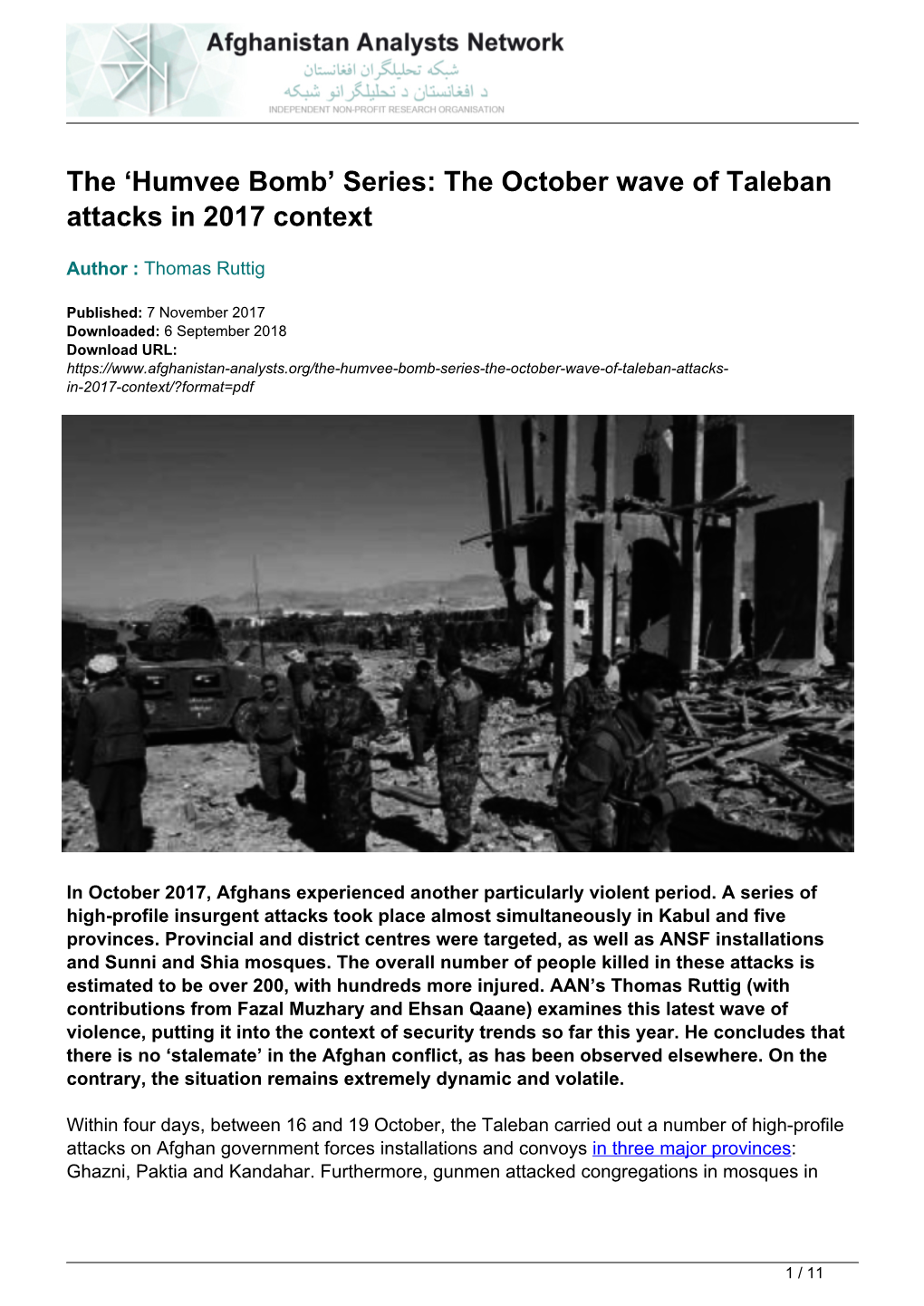 'Humvee Bomb' Series: the October Wave of Taleban Attacks in 2017