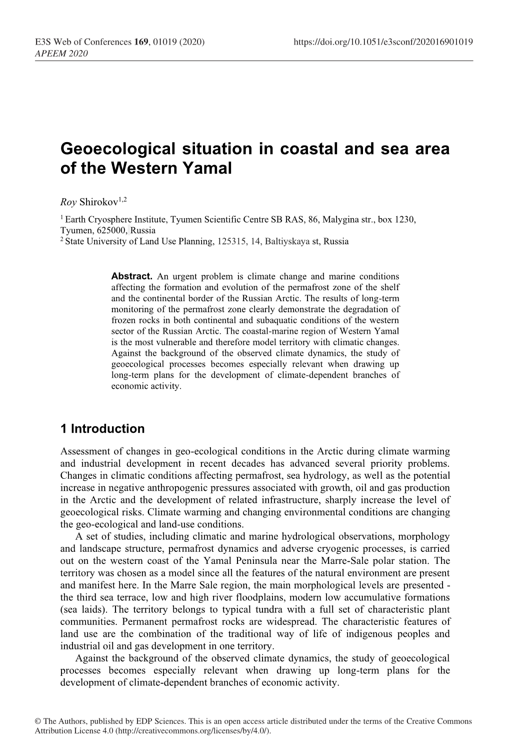 Geoecological Situation in Coastal and Sea Area of the Western Yamal