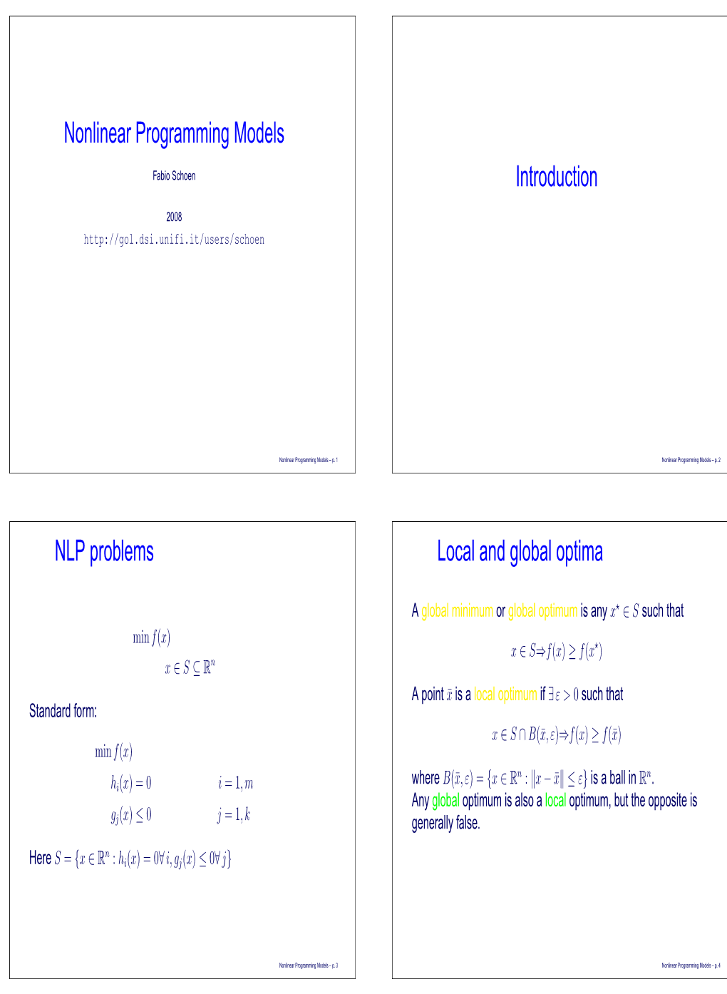 Nonlinear Programming Models Introduction NLP Problems Local