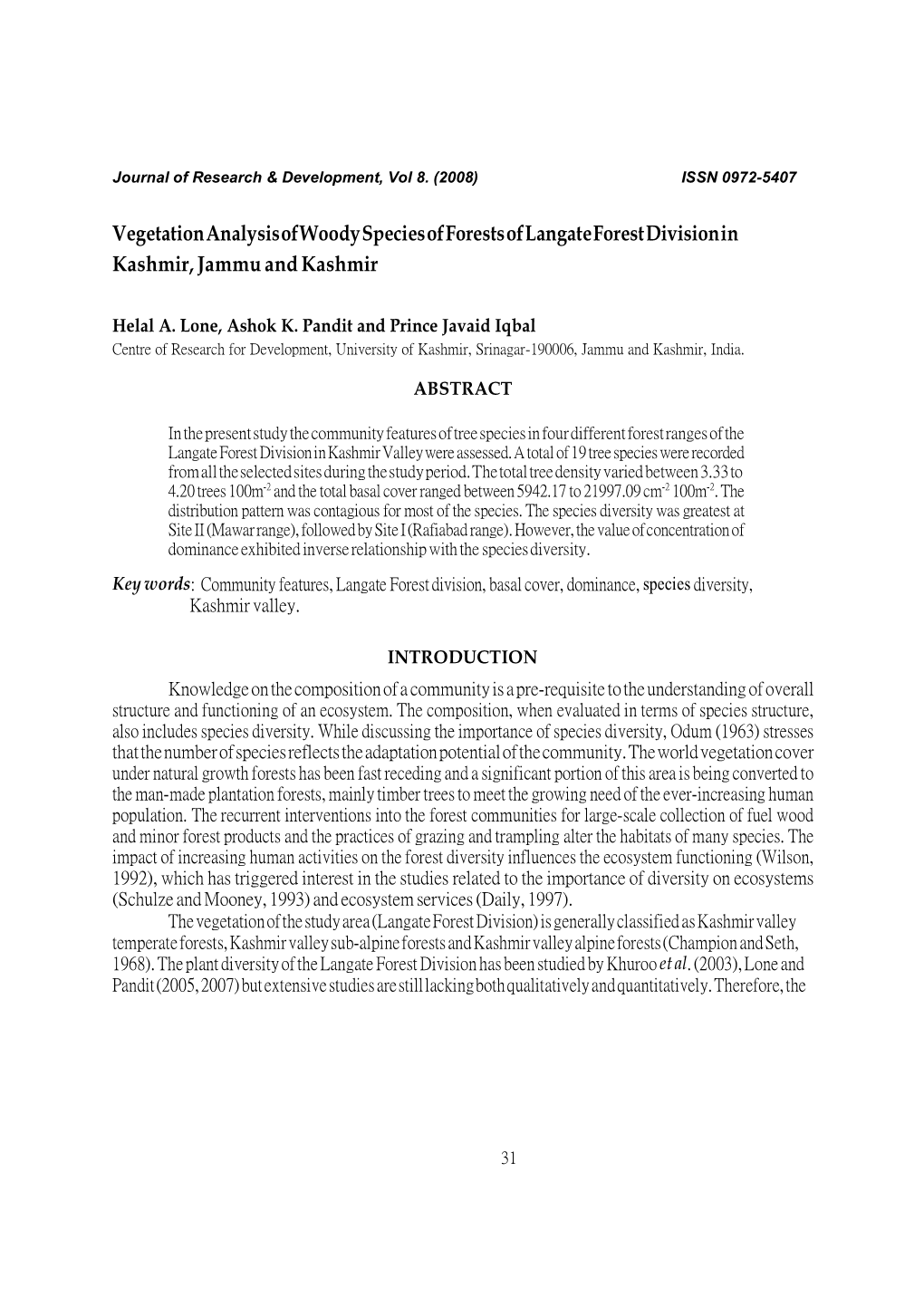 Vegetation Analysis of Woody Species of Forests of Langate Forest Division in Kashmir, Jammu and Kashmir