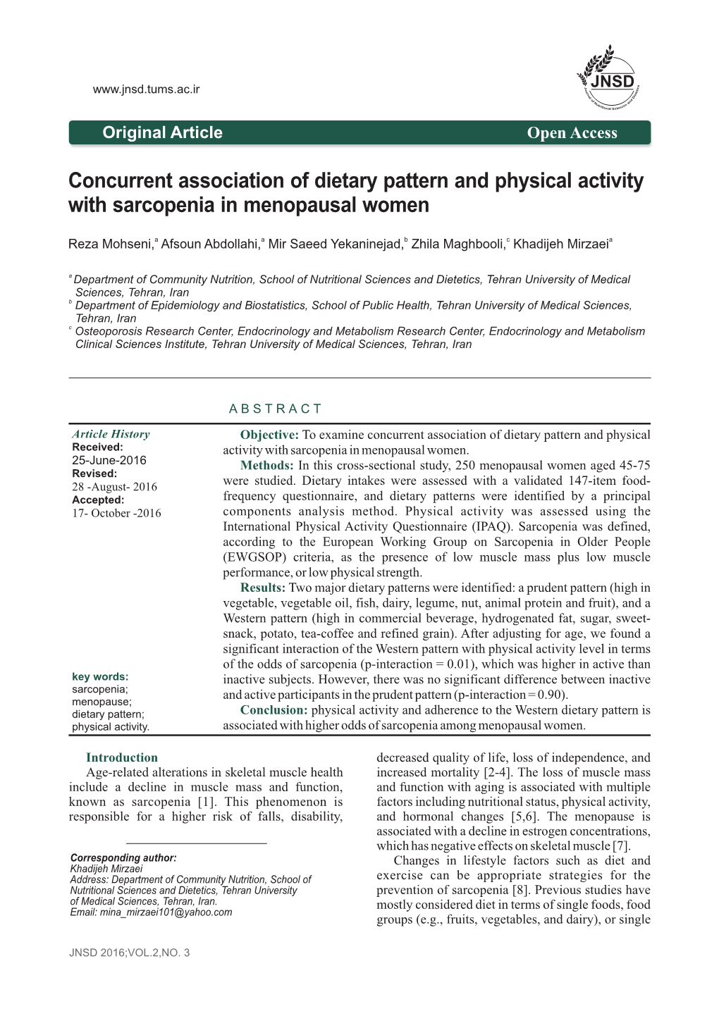 Concurrent Association of Dietary Pattern and Physical Activity with Sarcopenia in Menopausal Women