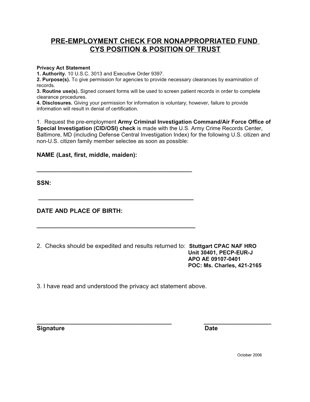 Pre-Employment Check for Nonappropriated Fund Cys Positions & Positions of Trust