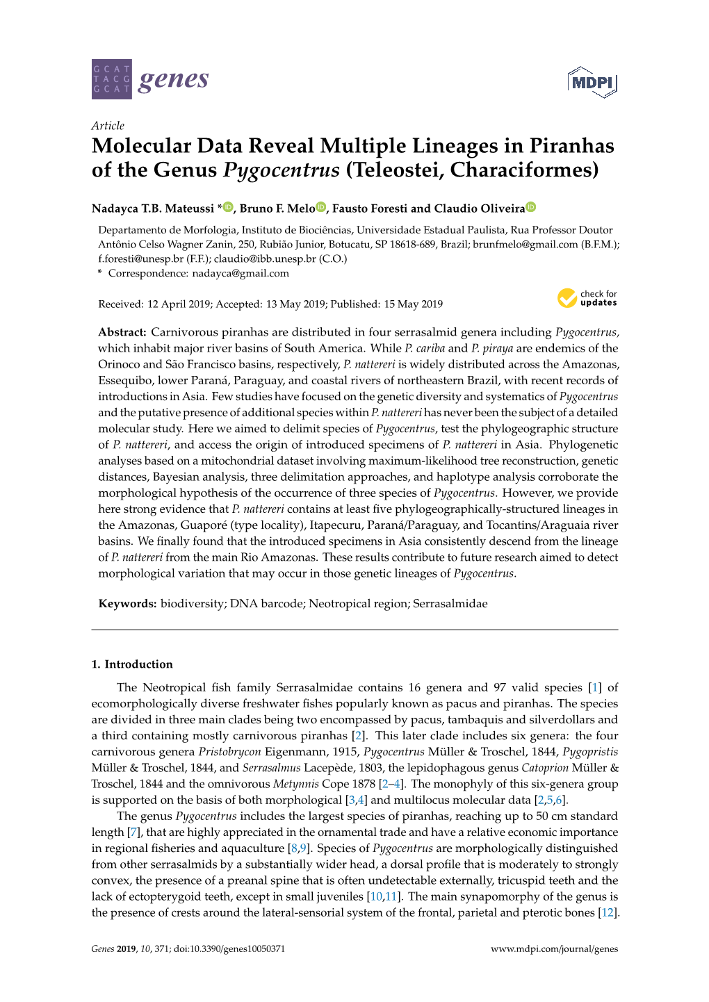 Molecular Data Reveal Multiple Lineages in Piranhas of the Genus Pygocentrus (Teleostei, Characiformes)