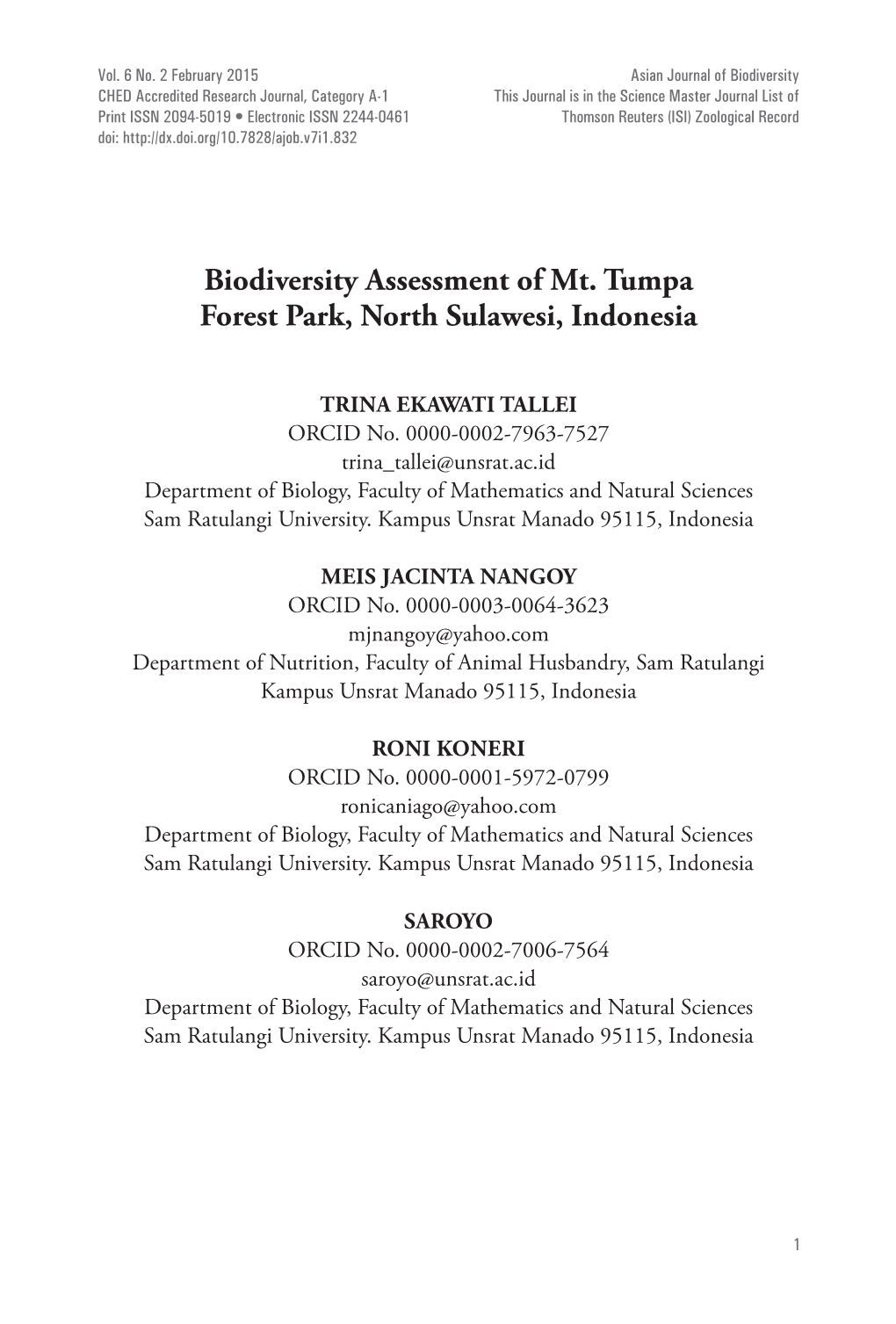 Biodiversity Assessment of Mt. Tumpa Forest Park, North Sulawesi, Indonesia