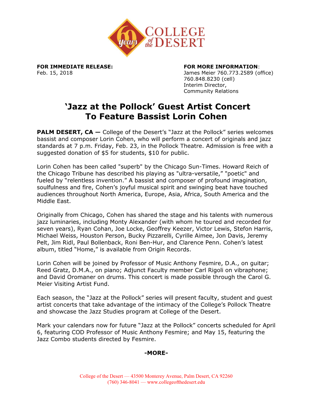 COD Press Release Jazz at the Pollock Lorin Cohen