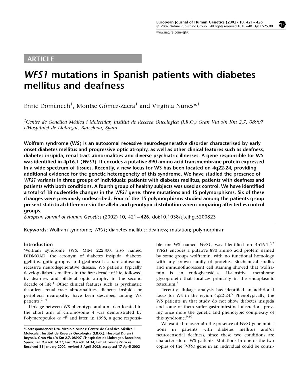 WFS1 Mutations in Spanish Patients with Diabetes Mellitus and Deafness