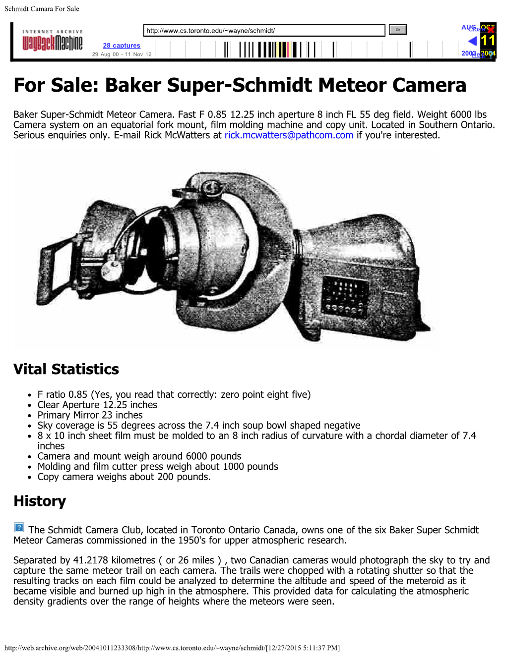 Baker Super Schmidt Meteor Cameras Commissioned in the 1950'S for Upper Atmospheric Research