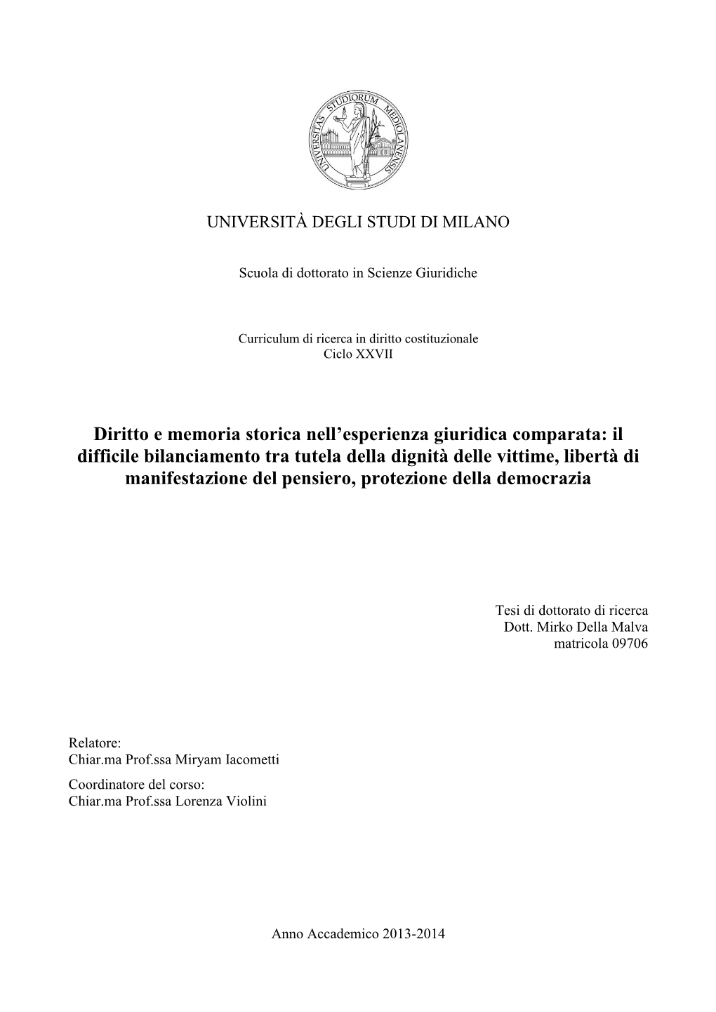 Diritto E Memoria Storica Nell'esperienza Giuridica Comparata