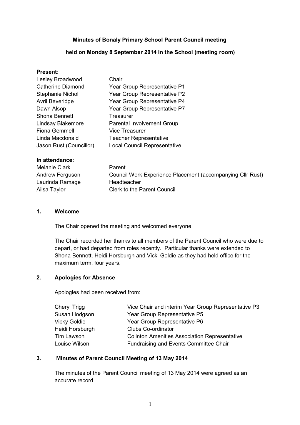 1 Minutes of Bonaly Primary School Parent Council Meeting Held On