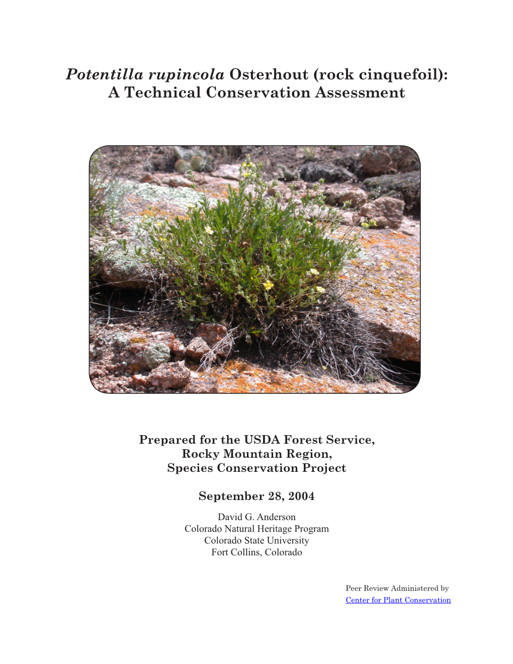Potentilla Rupincola Osterhout (Rock Cinquefoil): a Technical Conservation Assessment