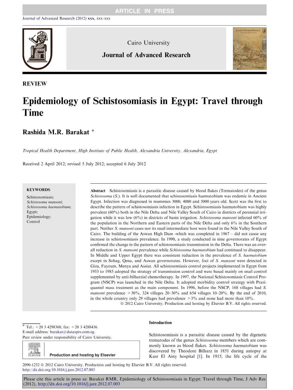 Epidemiology of Schistosomiasis in Egypt: Travel Through Time