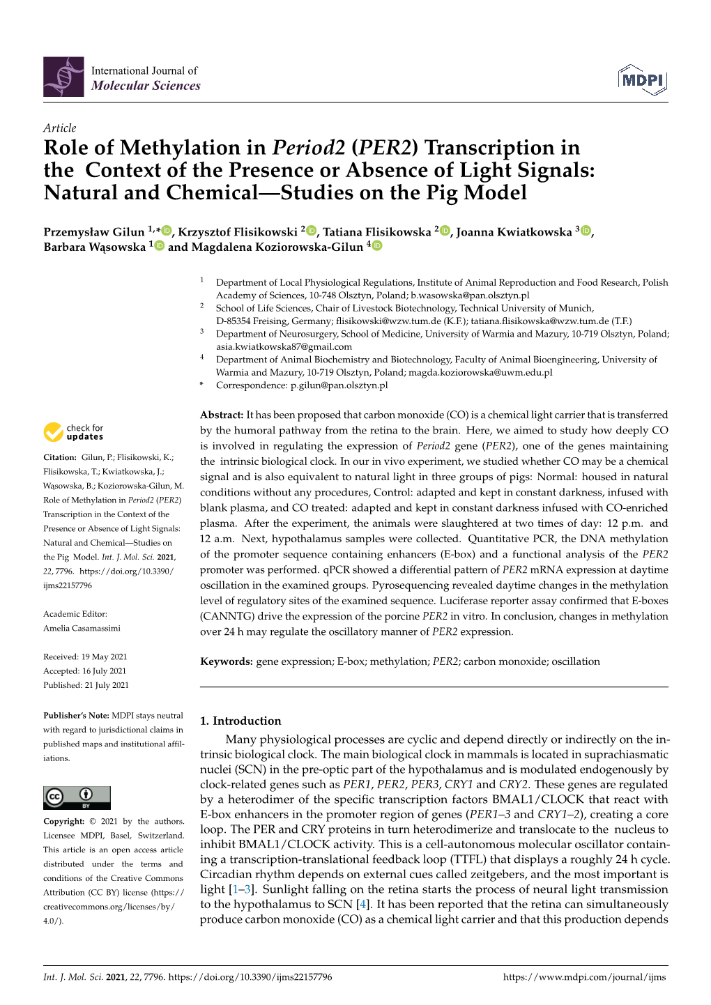 Role of Methylation in Period2 (PER2) Transcription in the Context of the Presence Or Absence of Light Signals: Natural and Chemical—Studies on the Pig Model